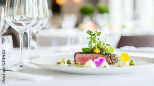 Fototapeta Naklejka Na Ścianę i Meble -  Gourmet michelin star keto dish with wagyu beef and truffle garnish in elegant dining setting