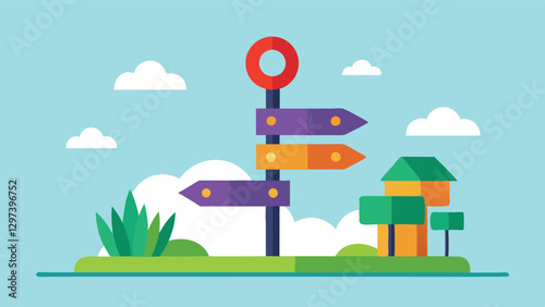 Colorful directional signpost standing in a sunny landscape with clouds and greenery around