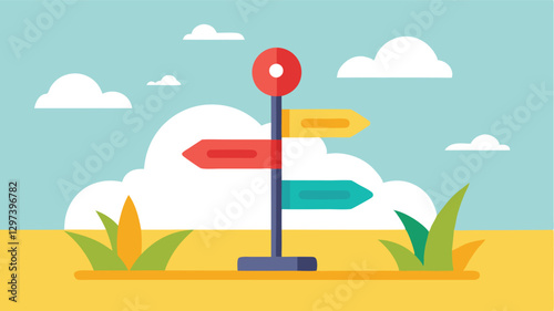 Colorful directional signpost standing in a sunny landscape with clouds and greenery around