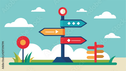 Colorful directional signpost standing in a sunny landscape with clouds and greenery around