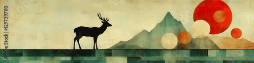 Vector Art of Majestic Deer in Abstract Landscape with Geometric Mountains and Surreal Sun; Earth Tones Highlight Nature and Wildlife Imagery in Print Design