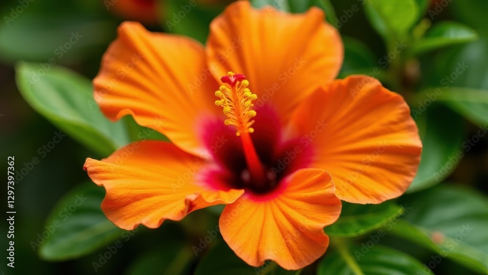 A vibrant orange hibiscus flower with a red center and yellow stamen, surrounded by green leaves. A vibrant orange hibiscus flower with a red center and yellow stamen, surrounded by green leaves.