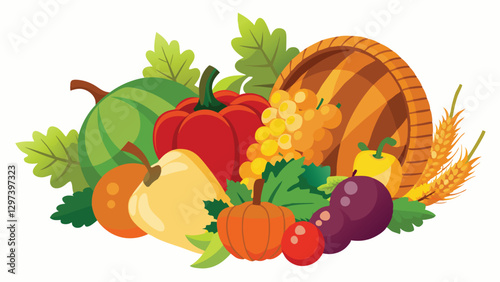 Colorful vector illustration of a harvest cornucopia filled with various fruits and vegetables showcasing the abundance of the autumn season