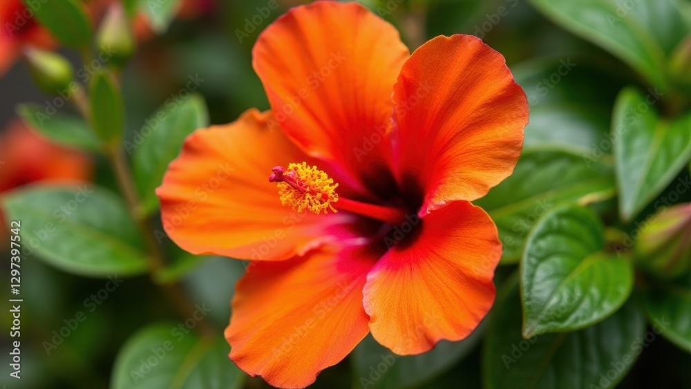 A vibrant orange hibiscus flower with a red center and yellow stamen, surrounded by green leaves. A vibrant orange hibiscus flower with a red center and yellow stamen, surrounded by green leaves.