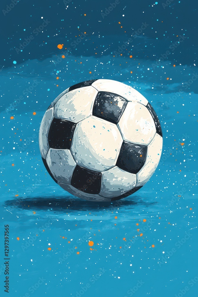 Fototapeta premium Painted soccer ball illustration against a dynamic blue textured background with artistic splashes and speckles of contrasting colors.