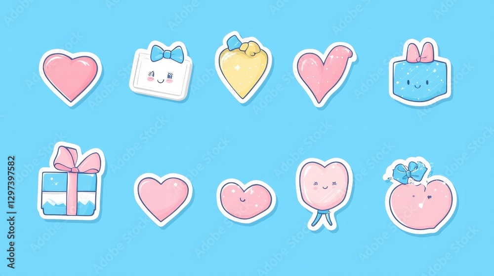 Cute collection of cartoon heart illustrations featuring gifts and smiling faces on a vibrant blue background. Generative AI Cute collection of cartoon heart illustrations featuring gifts and smiling faces on a vibrant blue background. Generative AI