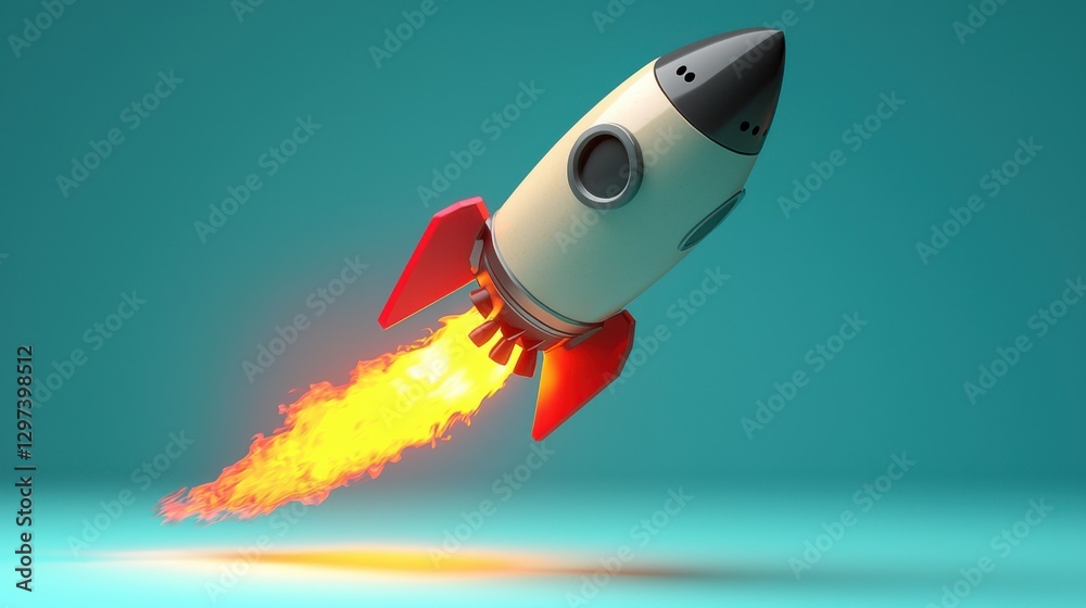 Fototapeta premium A stylized cartoon rocket blasts off leaving behind a trail of fire and smoke, with a simple blue background.