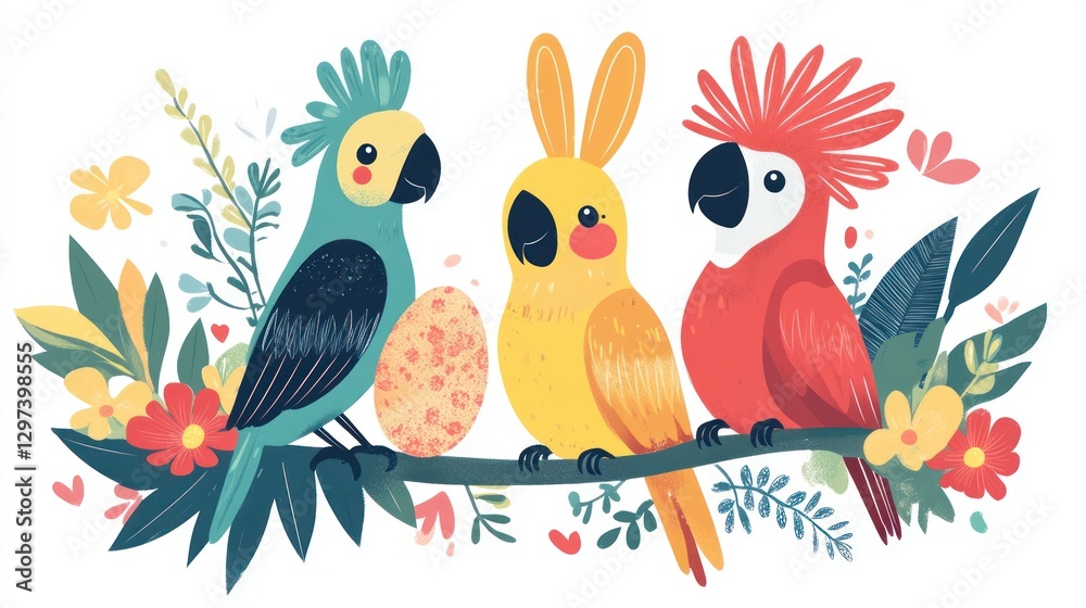 Colorful Parrots on Branch with Flowers Colorful Parrots on Branch with Flowers