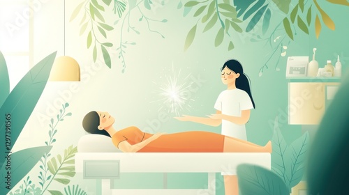 Tranquil Reiki Session: 2D Flat Illustration of Practitioner Healing Client with Energy on Relaxing Table with Soothing Music.