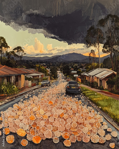 Surreal Vector Art of Residential Street with Floating Oranges Under Dramatic Sky Landscape Featuring Cars, Houses, Trees, and Mountains at Sunset