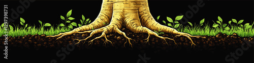 Intricate Vector Image of Tree Roots with Lush Green Foliage and Rich Soil - A Detailed Illustration Showcasing Nature's Underground Beauty and Ecosystem Harmony