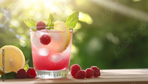 Refreshing raspberry lemonade in garden setting photo