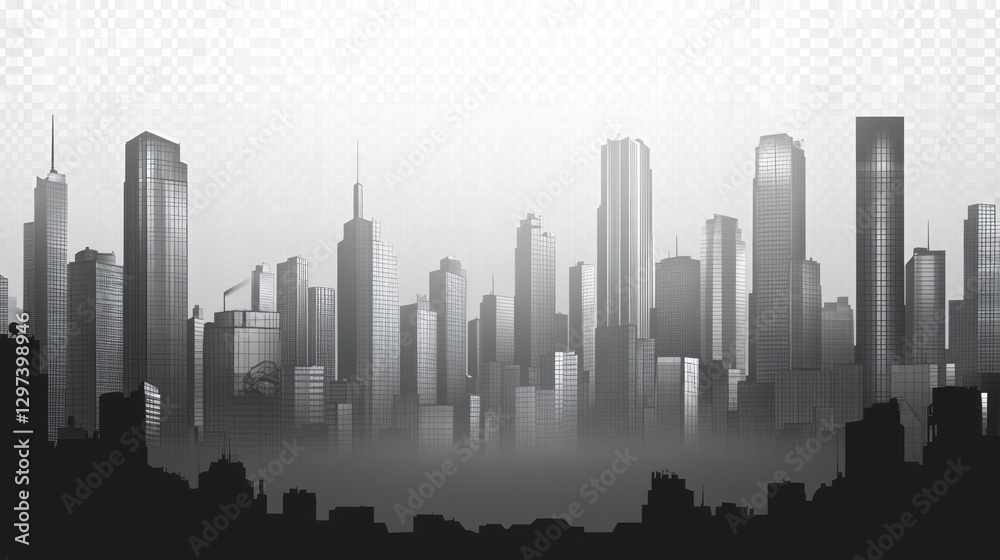 Naklejka premium City skyline silhouette, misty day, urban landscape, background graphic, for presentations, social media