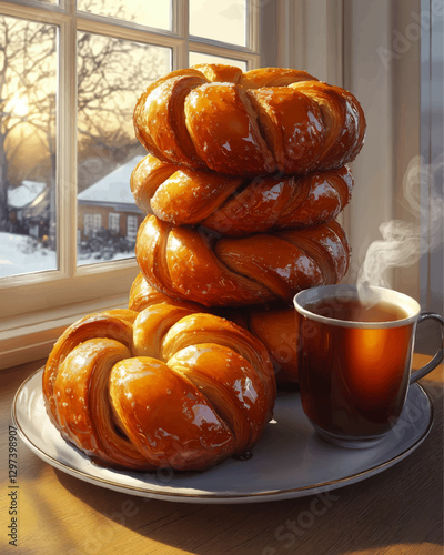 Indulge in a Serene Winter Morning with Fresh Pastries and Hot Tea by the Window: Glazed Bread Enjoyment with Snowy Backyard Background and Sunrise Glow