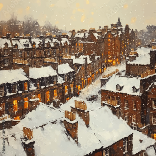 Snow-Covered European Village in Winter with Rustic Red Brick Buildings and Warm Glowing Windows Surrounded by Falling Snowflakes and Cozy Street View