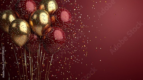 Gold and maroon balloons with confetti celebration