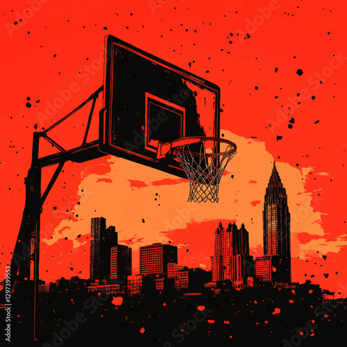 Dynamic Urban Basketball Scene Vector Art with Cityscape Silhouette Background, Bold Red and Orange Skyline, Modern Skyscrapers and Basketball Hoop Illustration