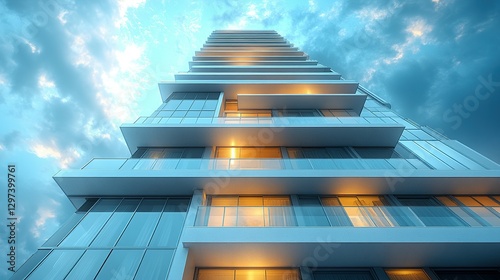 An upward view of a modern glass high rise building