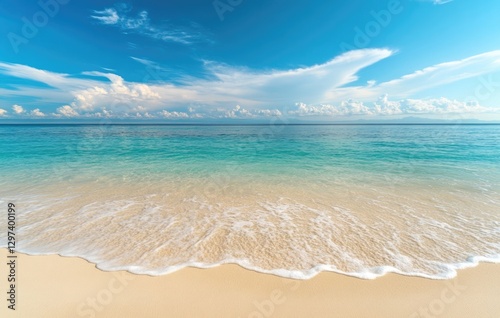 Fototapeta Naklejka Na Ścianę i Meble -  clear transparent sea waves breaking over white clean sea beach in the evening sunset.	