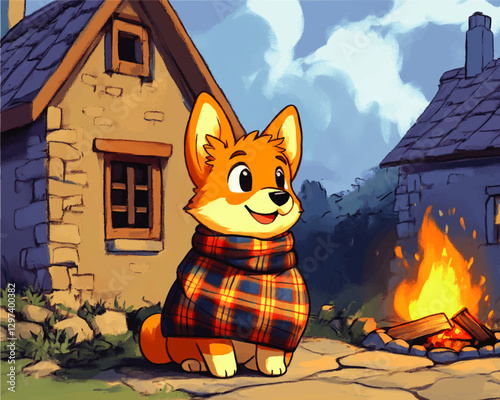 Charming Cartoon Corgi in Plaid Scarf Enjoys Cozy Campfire in Rustic Countryside Setting Next to Vintage Stone Cottage - Whimsical Vector Art Illustration