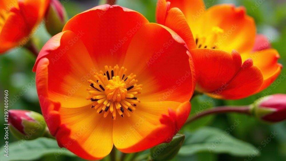 Close-up of vibrant red and yellow flowers in full bloom. Close-up of vibrant red and yellow flowers in full bloom.