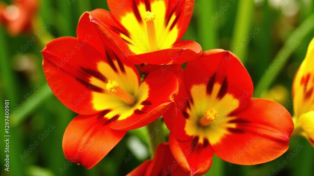 Vibrant red and yellow flowers with striking patterns and green background. Vibrant red and yellow flowers with striking patterns and green background.