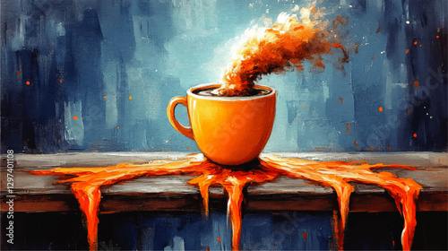 Vibrant Abstract Coffee Cup in Orange Overflowing with Coffee on Textured Blue Background - Artistic Vector Illustration of Dynamic Energy and Splash