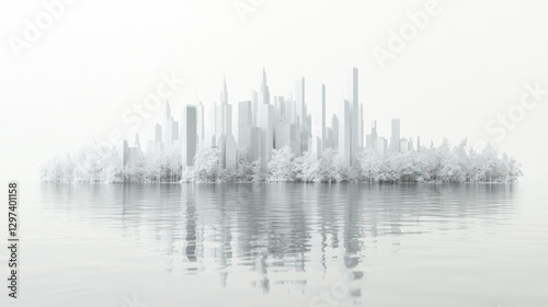 Monochrome city island reflected in water, digital art photo