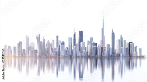 Modern city skyline reflected on water, urban landscape, digital illustration, background image, stock photo photo