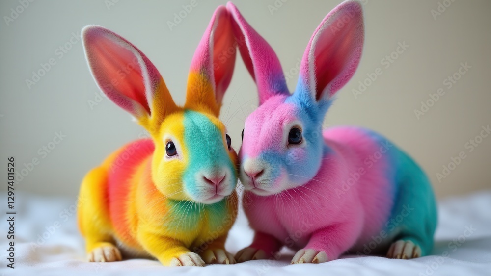 Two colorful rex and mini rex rabbits with vibrant fur patterns in yellow, blue, pink, and green.