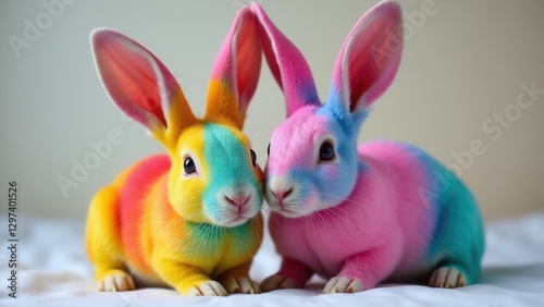 Obraz na płótnie Two colorful rex and mini rex rabbits with vibrant fur patterns in yellow, blue, pink, and green. w salonie
