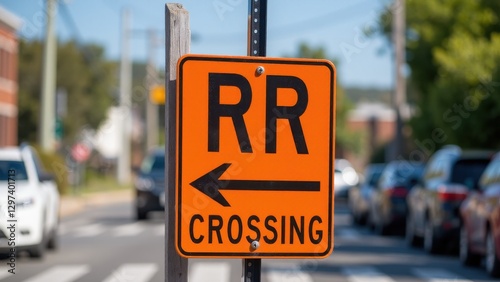 An orange rr crossing sign with an arrow pointing left on a street with cars in the background.