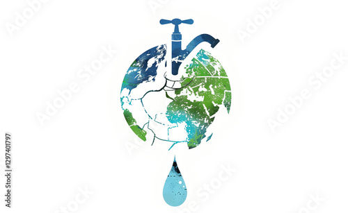 Cracked dirt earth logo with flowing water and faucet | Blue, green, white color palette on white background, flowing style
