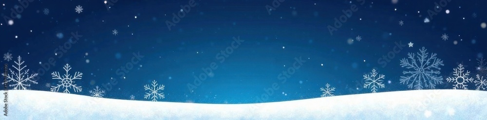 Fototapeta premium Minimalist winter scene featuring delicate hand-drawn snowflake silhouettes in front of a dark blue sky , dark, blue
