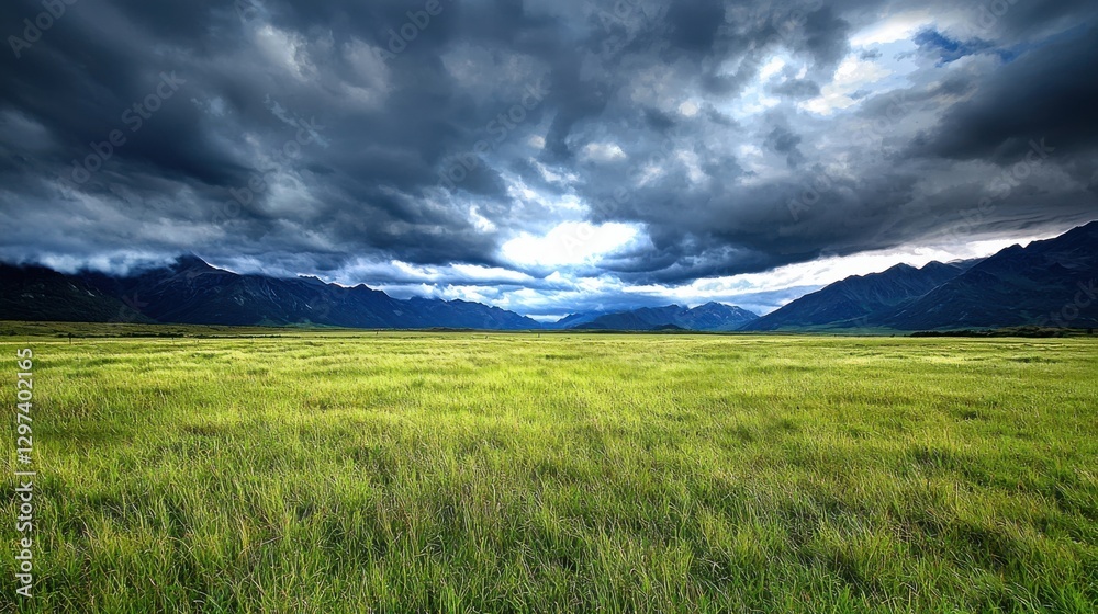 Obraz premium Moody and Dramatic Landscape with Vast Meadows and Stormy Clouds in the Mountains A scenic and atmospheric view of a remote countryside with rolling hills lush green grass and an ominous cloudy sky