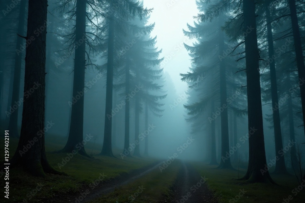 Naklejka premium Misty forest with tall firs and foggy atmosphere, nature, woodland