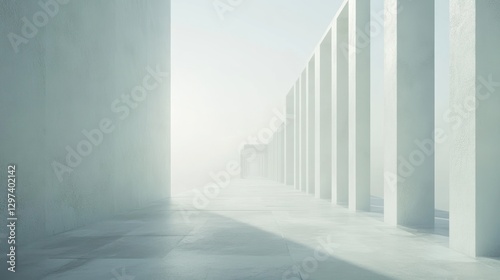 Empty Modern Concrete Corridor, Foggy Atmosphere, Architectural Design, Interior Scene, Daylight, Potential Stock Photo