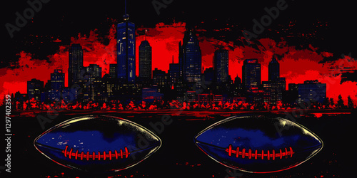 Dramatic Red Sky Vector Art of Metropolitan City Skyline and American Footballs on Dark Background | Urban Sports Inspiration