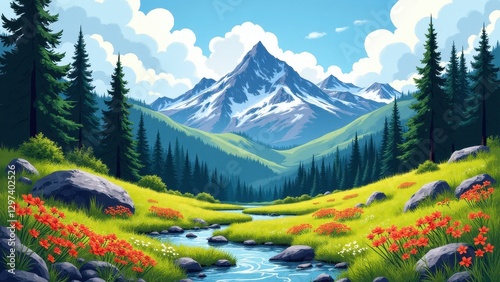 A serene view of Scouters Mountain Nature Park with a snow-capped peak, lush green meadows, a flowing stream, and vibrant wildflowers.