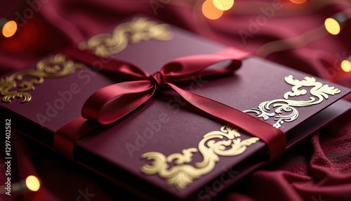Luxurious burgundy pocket-fold wedding invitation with gold foil details