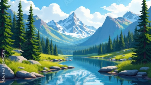 A serene view of Scouters Mountain Nature Park with a clear river, lush green trees, and majestic snow-capped mountains in the background.