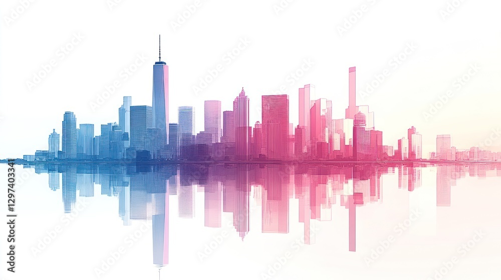 Obraz premium Colorful city skyline reflection, urban landscape, sunrise