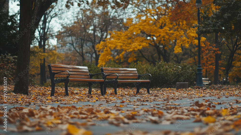 Autumn serenity in a park with benches and colorful foliage