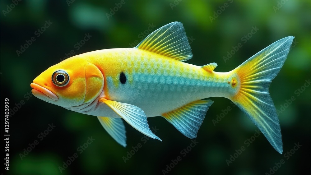 A vibrant fish with a yellow and white body, blue fins, and a distinctive black spot near its gills swims in a greenish aquatic environment. A vibrant fish with a yellow and white body, blue fins, and a distinctive black spot near its gills swims in a greenish aquatic environment.