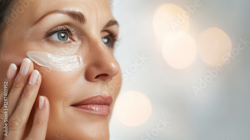 Woman applying anti aging cream for skincare routine and self care photo