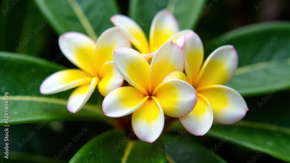 Close-up of vibrant yellow and white Tahitian gardenia flowers with lush green leaves in the background. Close-up of vibrant yellow and white Tahitian gardenia flowers with lush green leaves in the background.