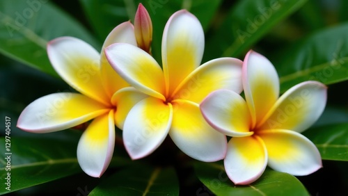 Three vibrant plumeria flowers with yellow and white petals, surrounded by lush green leaves.