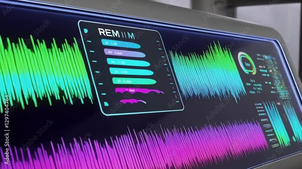 Futuristic rem sleep monitoring system displaying vibrant brainwave activity, providing detailed analysis of sleep stages and patterns for enhanced health insights