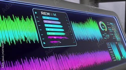 Futuristic rem sleep monitoring system displaying vibrant brainwave activity, providing detailed analysis of sleep stages and patterns for enhanced health insights