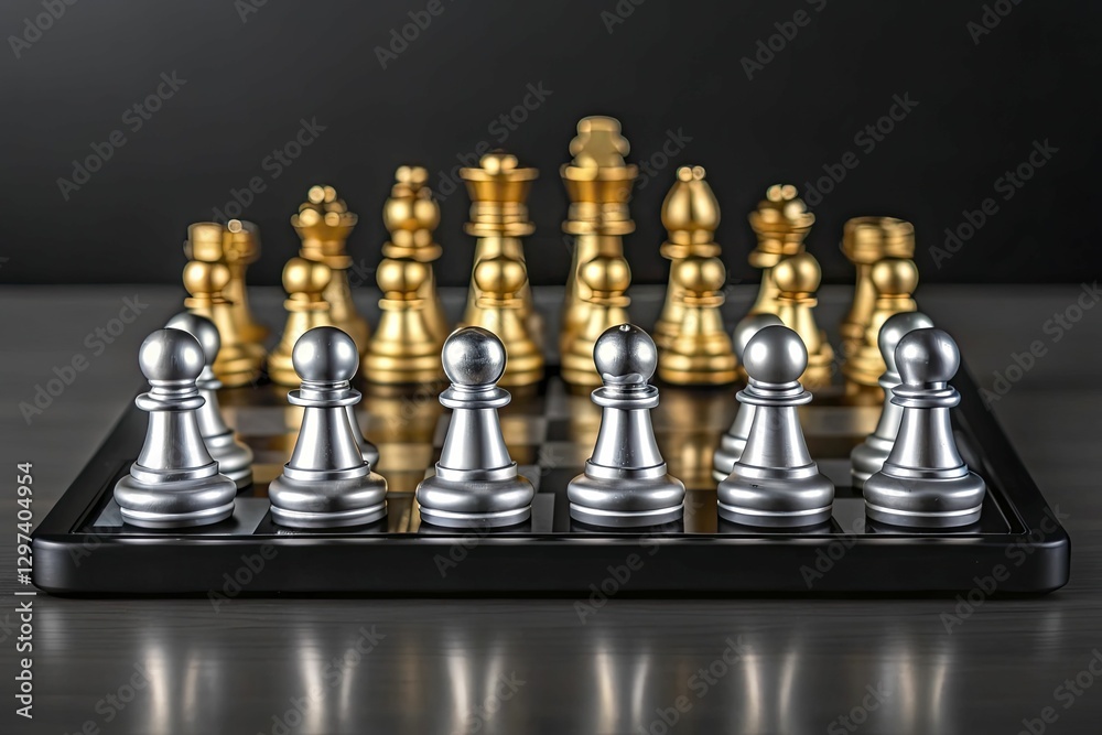 Luxurious chess set, featuring gold and silver pieces, elegantly arranged for a match Luxurious chess set, featuring gold and silver pieces, elegantly arranged for a match